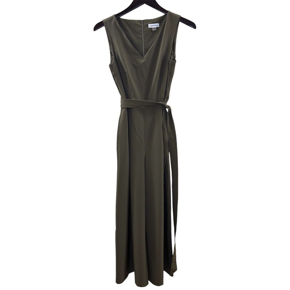 Calvin Klein Sleeveless V-Neck Tie Belt Jumpsuit Olive Green Size 2